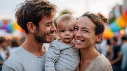 Fototapeta premium Family portrait of a smiling couple holding a toddler at a vibrant LGBTQ Pride parade with colorful rainbow flags in the background