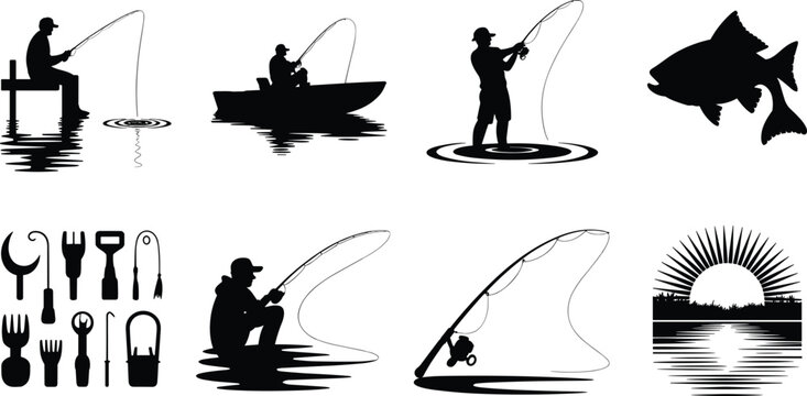 Vector silhouette set featuring anglers fishing from shore, dock, and boat, along with fish, fishing rod, tackle tools, and sunset elements. Perfect for outdoor 