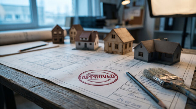 Detailed house models on architectural floor plans with circular approved stamp indicating construction permit ready for building phase in office workspace with creative design tools.