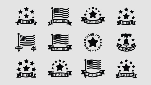 American revolution and liberty emblem set with flag stars and constitution ribbon design.