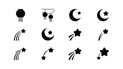 Minimalist celestial icon set featuring moon stars and shooting stars for night sky art. © Pronab