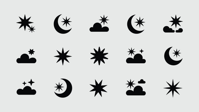Set of black moon, stars, and clouds icons on light gray background, weather symbols.