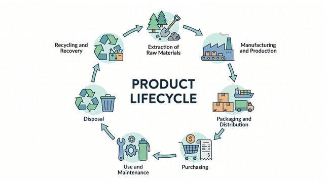 Diagram illustrating product lifecycle stages from raw material extraction, manufacturing, distribution, purchasing, use, disposal, to recycling and recovery processes.