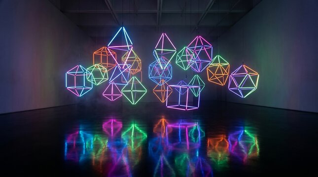 Abstract Neon Polyhedral Geometry with Colorful Reflections on a Dark Glossy Surface