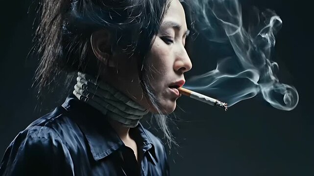 Asian woman smoking cigarette with tobacco products wrapped around her neck. Cinematic portrait of female in dark smoke filled setting. Nicotine addiction concept for health awareness campaigns.