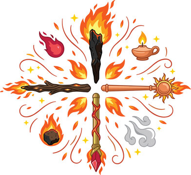 Fire Element Magic Staff Collection with Flaming Wands, Enchanted Torches, Mystic Flames, Spellcasting Symbols, and Fantasy Wizard Artifacts