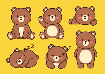 Fototapeta premium Collection of cute cartoon teddy bears in various poses on a bright yellow background, perfect for children's designs and decorations