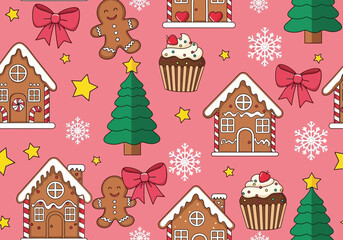 Fototapeta premium Whimsical Christmas Pattern Featuring Gingerbread Houses, Cookies, and Festive Treats