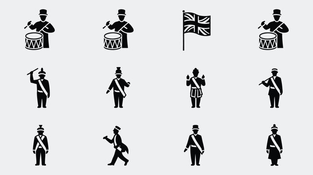 Collection of vector icons displaying musicians and marchers with flags and drums set.