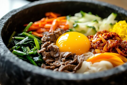 Colorful Korean bibimbap with fresh ingredients.