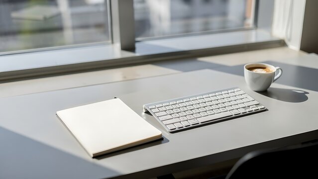 Minimal professional workspace with keyboard notebook and coffee cup in natural morning light. Modern productivity and remote work concept.