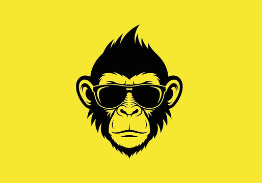 Stylized monkey face with sunglasses on a yellow background