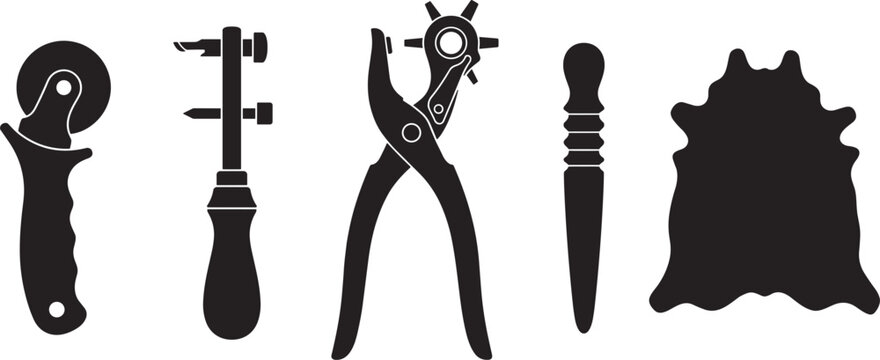Leathercrafting Tool Set Icon with Rotary Cutter, Strap Gauge, Hole Punch Plier, Burnisher, and Animal Hide Silhouettes for Leather Working Crafts