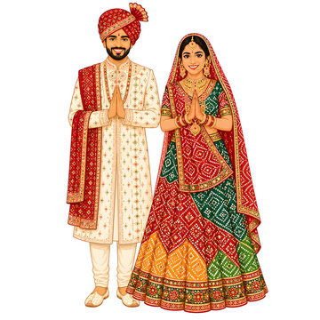 Indian wedding couple cartoon illustration, wedding cartoon characters bride and groom