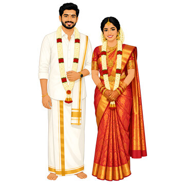 south Indian wedding couple cartoon illustration, wedding cartoon characters bride and groom