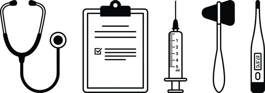 Medical Diagnostics and Healthcare Equipment Icon Set with Stethoscope Patient Clipboard Syringe Reflex Hammer and Digital Thermometer Silhouettes