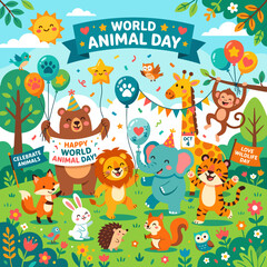 Fototapeta premium Cute Cartoon Wildlife Creatures Celebrating World Animal Day in a Vibrant Forest Setting