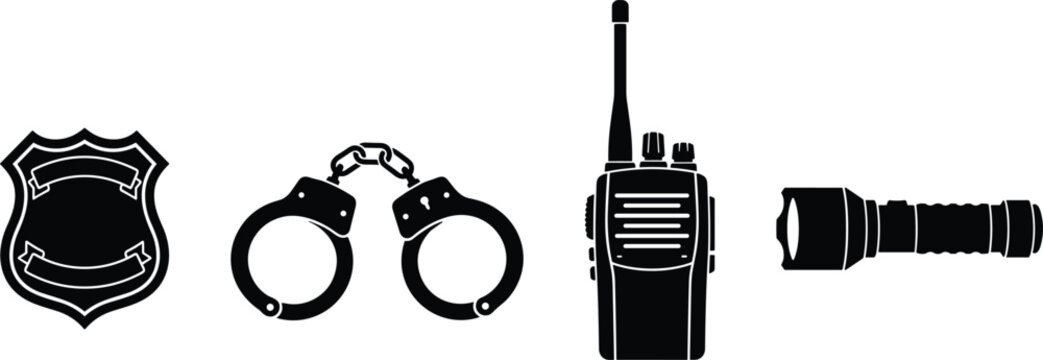 Police and Law Enforcement Equipment Icon Set with Badge, Handcuffs, Walkie Talkie, and Tactical Flashlight Silhouettes for Security and Safety Designs