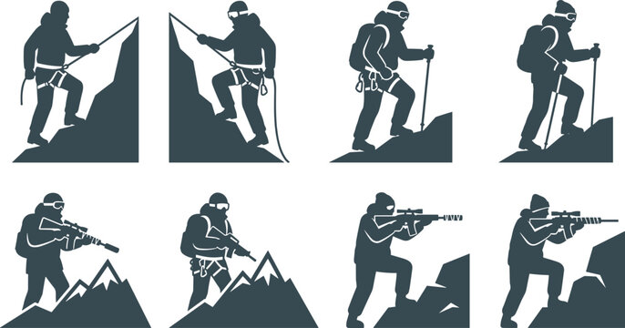 Military Mountain Operations Silhouette Collection with Tactical Soldiers, Sniper Positions, Alpine Climbing Missions, and Special Forces Combat Icons