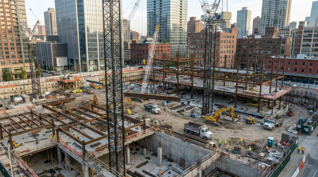 High Angle View of a Large Scale Urban Building Construction Site During Sunset with Cranes and Steel Framework