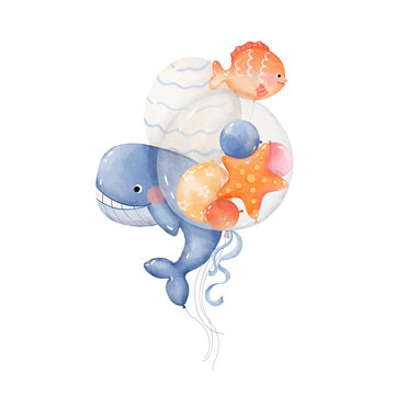 Watercolor painting card with bouquet of cute balloons with sea elements. Isolated design concept for decoration childish party, holiday, greeting or invitation cards, banner or textile.