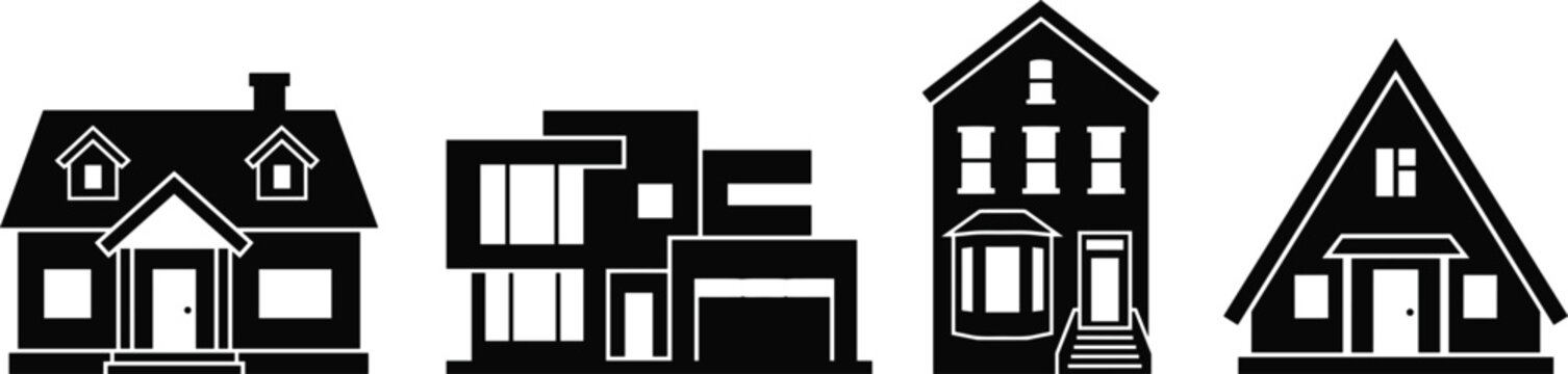 Residential House Architecture Icon Set with Cottage Modern Villa Multi Story Townhouse and A Frame Cabin Silhouettes for Real Estate Designs