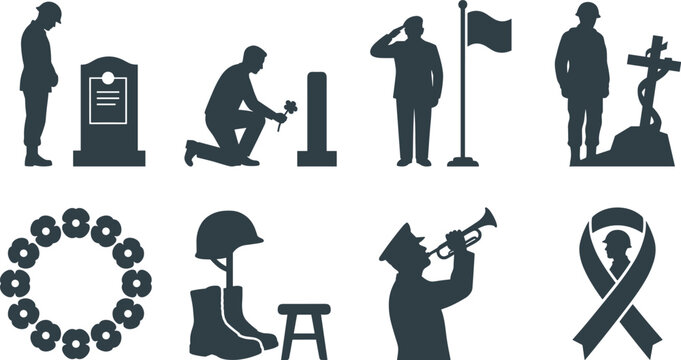 Military Memorial and Remembrance Icon Collection with Fallen Soldier Tribute, Veterans Honor Symbols, Wreaths, Salutes, and Commemorative Elements