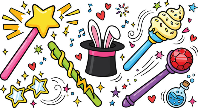 Cute Magical Wand Collection with Star Wands, Rabbit Hat Trick, Potion Bottle, Sparkling Hearts, and Whimsical Fantasy Elements