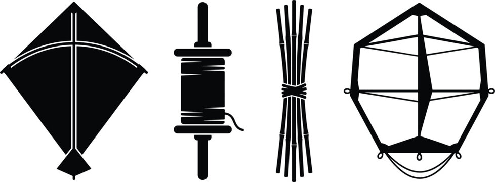 Traditional Fighter Kite Making Kit Icon Set with Paper Kite, Thread Spool, Bamboo Sticks, and Frame Silhouettes for Makar Sankranti Festival Designs