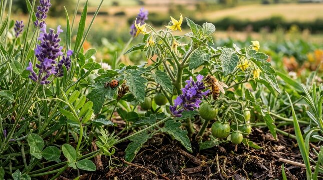 Garden Buzz: A bee diligently works among blooming lavender and a young tomato plant laden with green fruit, highlighting the vibrant life and growth in a cultivated garden.
