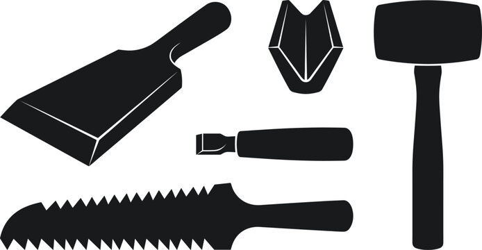 Stone Carving and Masonry Hand Tool Icon Set with Pitching Chisel Mallet Rasp File and Corner Tracer Silhouettes for Stonework Craft