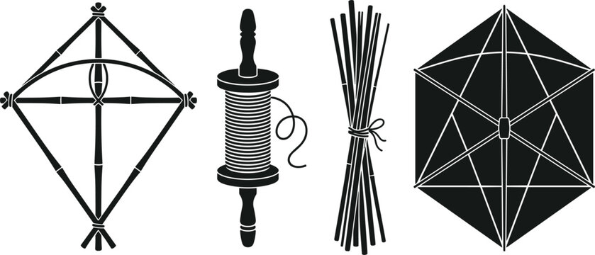 Traditional Kite Making and Craft Kit Icon Set with Bamboo Frame, Thread Reel, Wood Sticks, and Hexagonal Kite Silhouettes for Makar Sankranti Festival