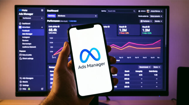 Person Holding Smartphone with Meta Ads Manager Logo Over Computer Monitor Showing Digital Marketing Analytics Dashboard and Performance Statistics
