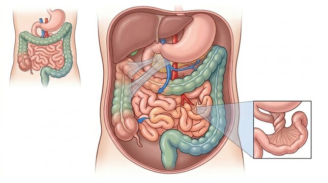 Illustration of the human digestive system showing intestinal volvulus