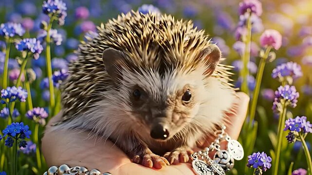 Cute pet hedgehog sitting in a human hand among purple wildflowers. Small spiny mammal looking at camera in a sunny spring garden. Exotic pet care concept, ideal for animal welfare or blog content.
