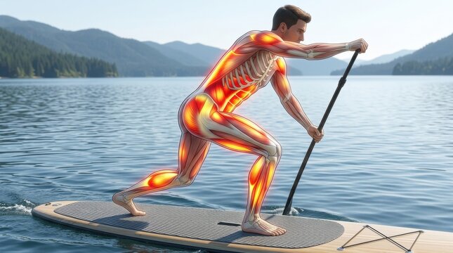 Anatomical illustration of muscles engaged during stand-up paddleboarding on a lake