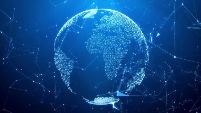 rotation Spinning blue digital hologram World. Global communications, connections and cybersecurity technology background. loop futuristic tech animation effect. glow planet Earth data network links