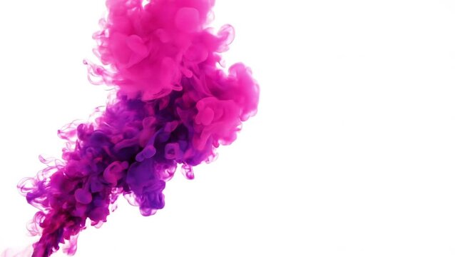 Abstract cloud of pink and purple ink or smoke swirling in water, creating a vibrant and dynamic explosion of color isolated on white background