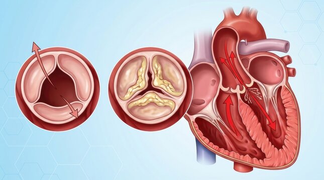 Aortic valve stenosis illustration showing calcification and blood flow disruption