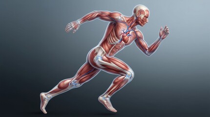Fototapeta premium Anatomical illustration of a runner showing muscles, bones, and circulatory system