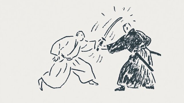 Samurai sword fight sketch illustration. Martial arts