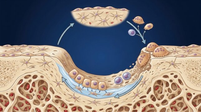 Bone remodeling process showing osteoclasts and osteoblasts at work