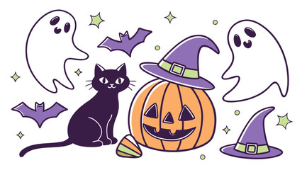 Fototapeta premium Halloween cartoon with black cat, pumpkin lantern, cute ghosts, candy and witch hat isolated on white background