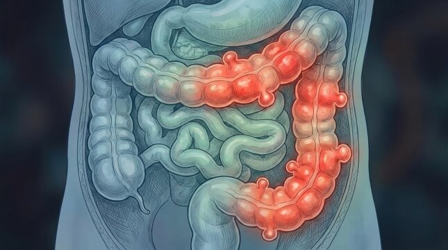 Illustration of inflamed colon with diverticula highlighted in red