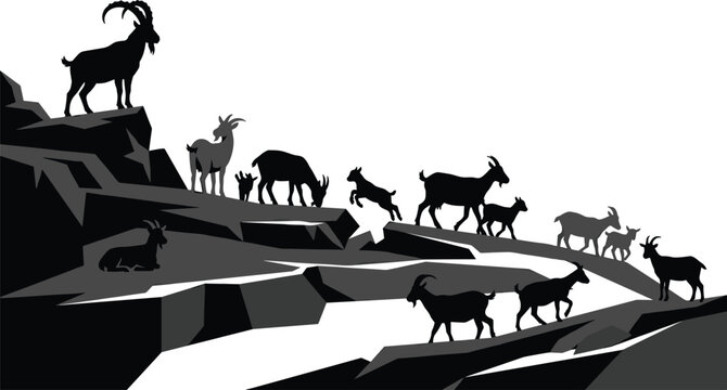 Mountain Goat Herd Silhouette Landscape with Alpine Cliffs, Rocky Terrain, Wildlife Migration, and Majestic Wilderness Nature Scene