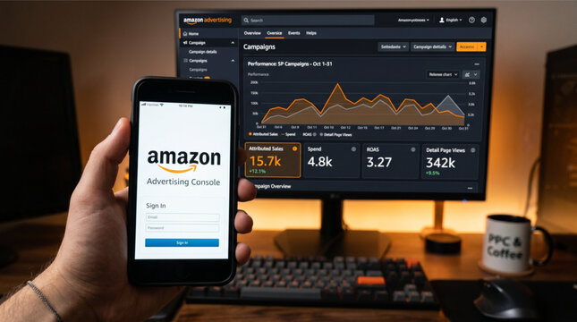 Professional Amazon Advertising Console Management showing PPC Data Dashboard on Monitor and Smartphone with Sales Analytics and Marketing Metrics.
