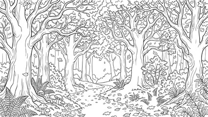 Obraz premium Enchanting Forest Pathway Coloring Page Featuring Majestic Trees and Lush Foliage for Creative Artistic Relaxation and Nature Inspired Mindfulness Practice