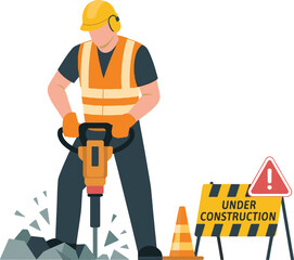 Fototapeta premium Construction Worker Carrying Ladder with Under Construction Sign and Safety Equipment