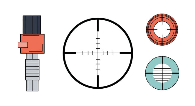 Vector illustration of various aiming reticles and a sight component, commonly used in scopes and targeting systems.