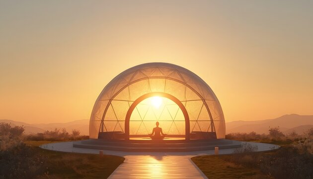 A person meditates inside a large transparent geodesic dome at sunset outdoors